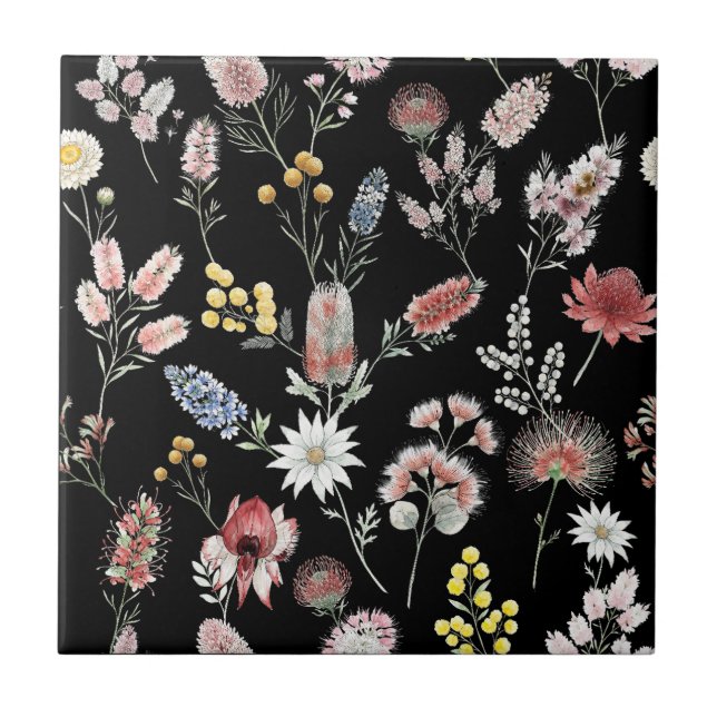 Black Romantic Moody Watercolor Wildflowers Tile (Front)