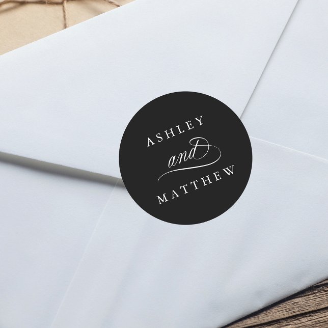 Black Romantic Swirly Calligraphy Wedding Classic Round Sticker (Creator Uploaded)