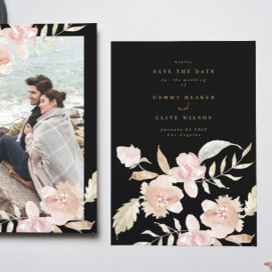 Black Romantic Watercolor Florals Wedding Photo Save The Date