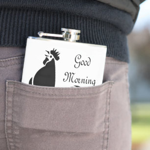 Black Rooster Crowing Silhouette Hip Flask