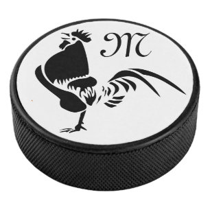 Black Rooster Crowing the Good Morning Alarm Hockey Puck