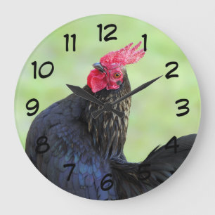 Black Rooster Large Clock