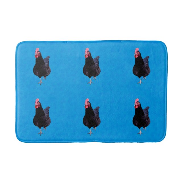 Black Rooster On Blue Background, Bath Mat (Front)