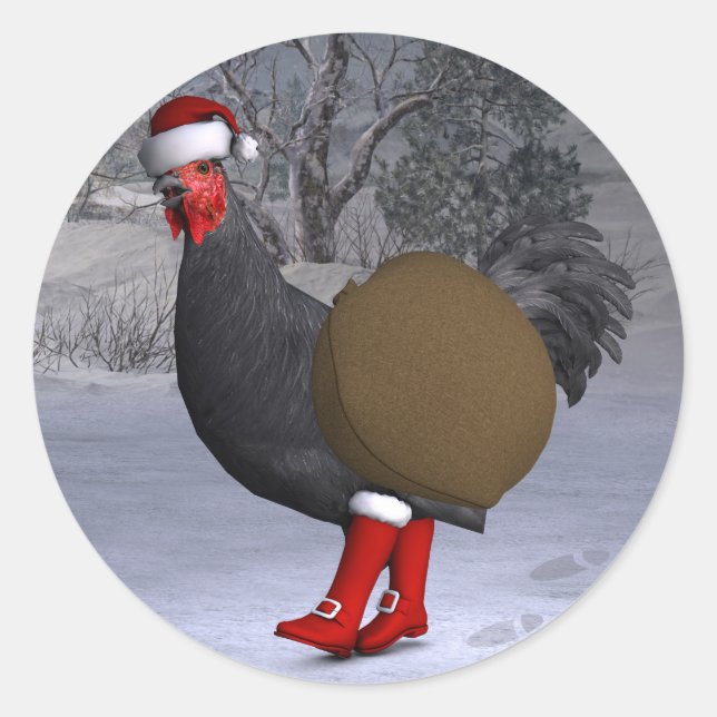 Black Rooster Santa Claus Classic Round Sticker (Front)