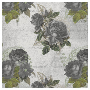 Black Rose and Green Leaves on White Fabric