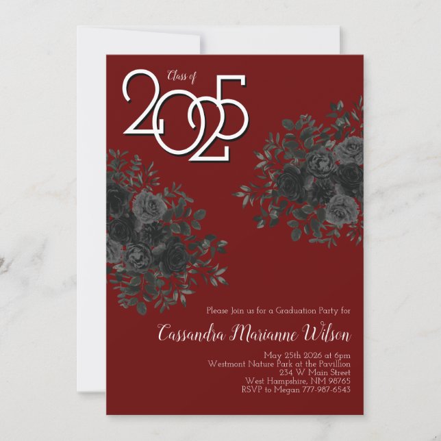 Black Rose Dark Gothic Graduation Party Maroon Invitation (Front)