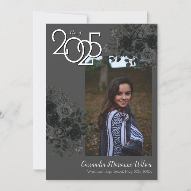 Black Rose Dark Grey Graduation Announcement (Front)
