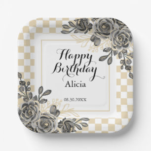 Black Rose Flora Gold & White Checkered Birthday  Paper Plate