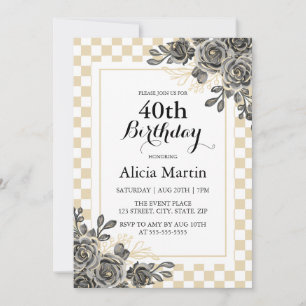Black Rose Flora Gold & White Chequered Birthday  Invitation