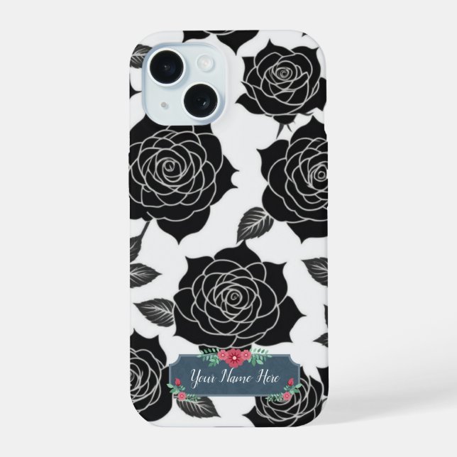 Black Rose Flower Pattern on White Background iPhone 15 Case (Back)