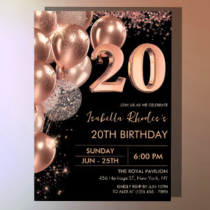 Black Rose Gold 20th Birthday Invitation Glam Card