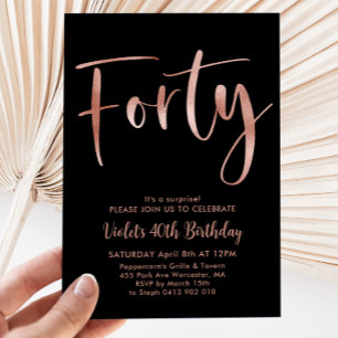 Black Rose Gold 40th Birthday Modern Invitation