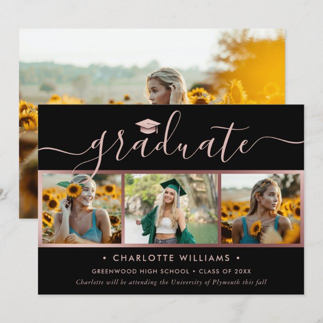 Black Rose Gold 4 Photo Collage Script Graduation Announcement (Front/Back)