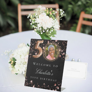 Black rose gold 50th photo birthday party welcome pedestal sign