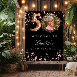Black rose gold 50th photo birthday party welcome poster