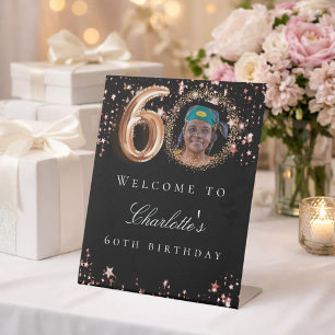 Black rose gold 60th photo birthday party welcome pedestal sign