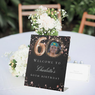 Black rose gold 60th photo birthday party welcome pedestal sign