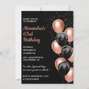 Black Rose gold 63rd birthday invitation Balloon 