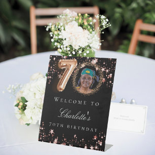 Black rose gold 70th photo birthday party welcome pedestal sign