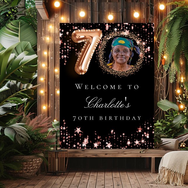 Black rose gold 70th photo birthday party welcome poster (Creator Uploaded)