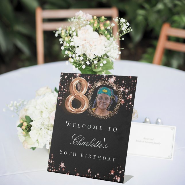 Black rose gold 80th photo birthday party welcome pedestal sign (Creator Uploaded)
