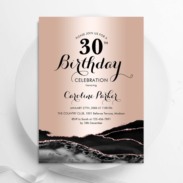 Black Rose Gold Agate 30th Birthday Invitation (Creator Uploaded)