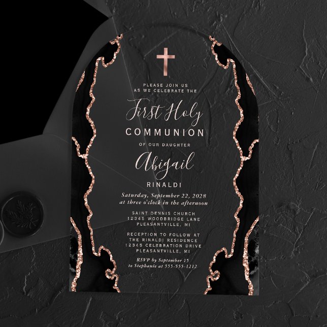 Black Rose Gold Agate Arch First Holy Communion Acrylic Invitations (Creator Uploaded)