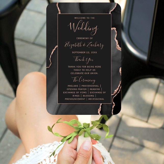 Black Rose Gold Agate Dark Wedding Program Hand Fan (Creator Uploaded)