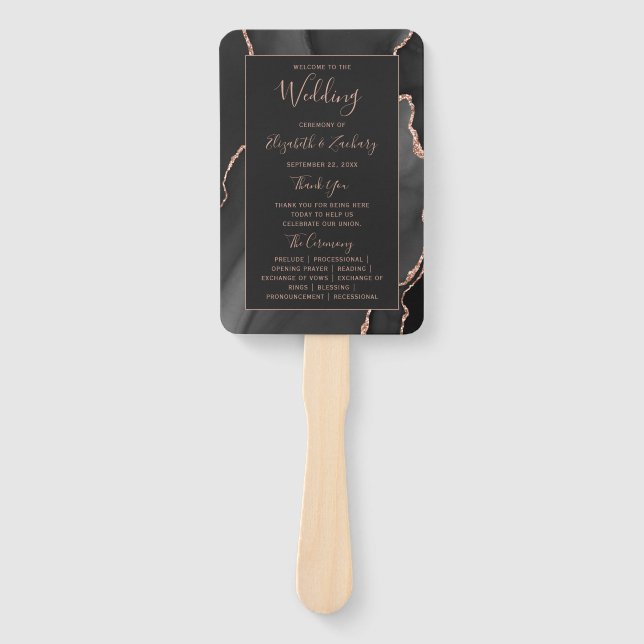 Black Rose Gold Agate Dark Wedding Program Hand Fan (Front)
