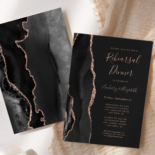Black Rose Gold Agate Dark Wedding Rehearsal Invitation