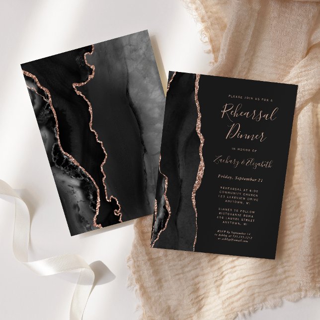 Black Rose Gold Agate Dark Wedding Rehearsal Invitation (Creator Uploaded)
