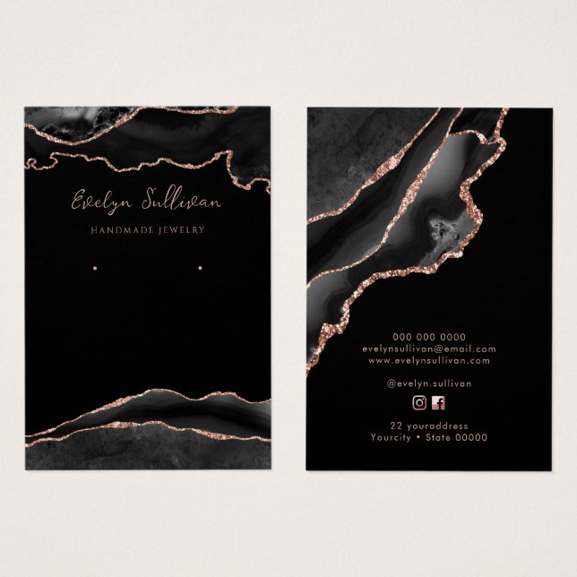 Black rose gold agate jewellery display card (Front & Back)