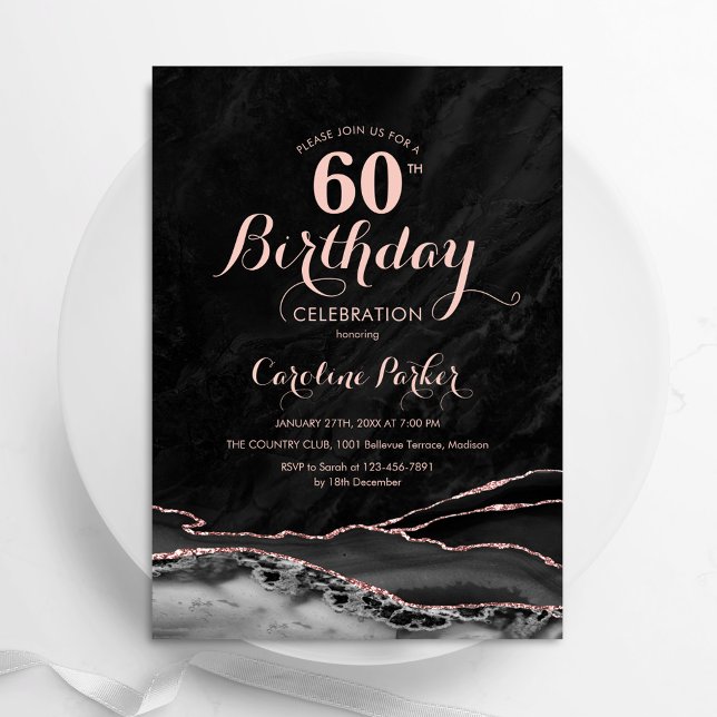 Black Rose Gold Agate Marble 60th Birthday Invitation (Creator Uploaded)