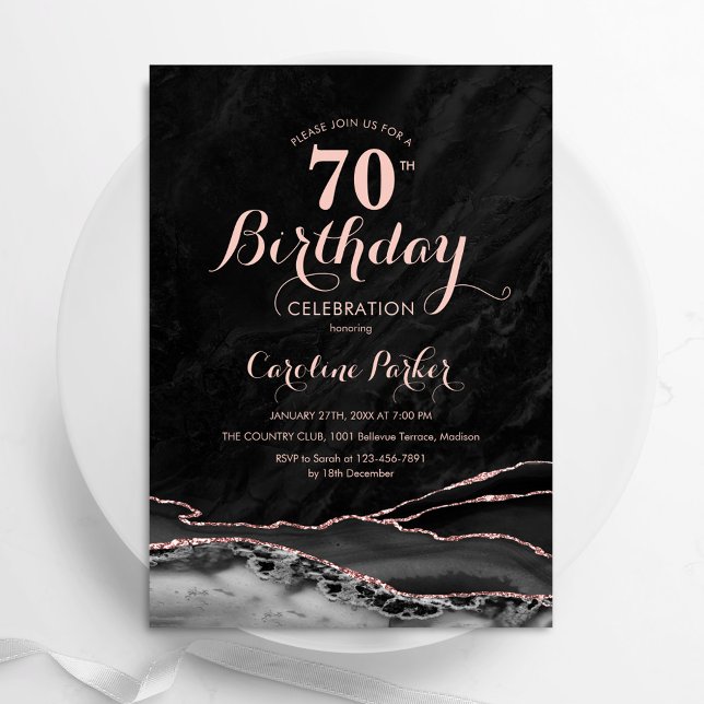 Black Rose Gold Agate Marble 70th Birthday Invitation (Creator Uploaded)