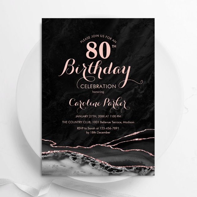 Black Rose Gold Agate Marble 80th Birthday Invitation (Creator Uploaded)