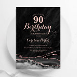 Black Rose Gold Agate Marble 90th Birthday Invitation<br><div class="desc">Black and rose gold agate 90th birthday party invitation. Elegant modern design featuring royal blue watercolor agate marble geode background,  faux glitter rose gold and typography script font. Trendy invite card perfect for a stylish women's bday celebration. Printed Zazzle invitations or instant download digital printable template.</div>
