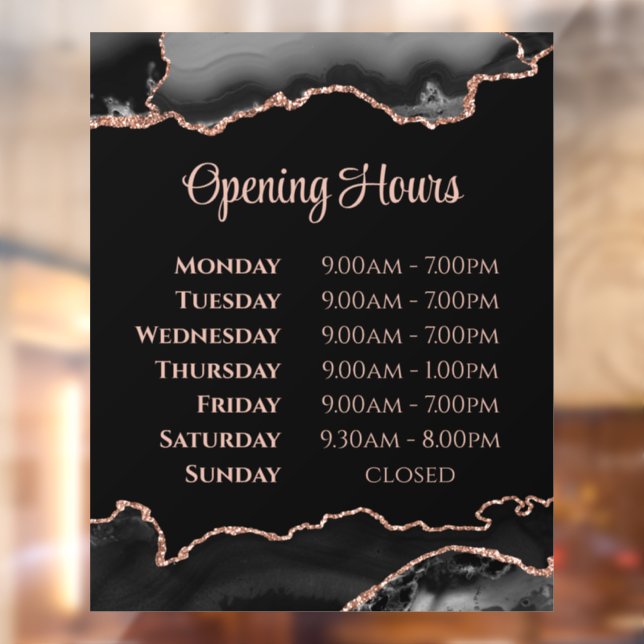 Black Rose Gold Agate Opening Hours Window Cling (Sheet 2)