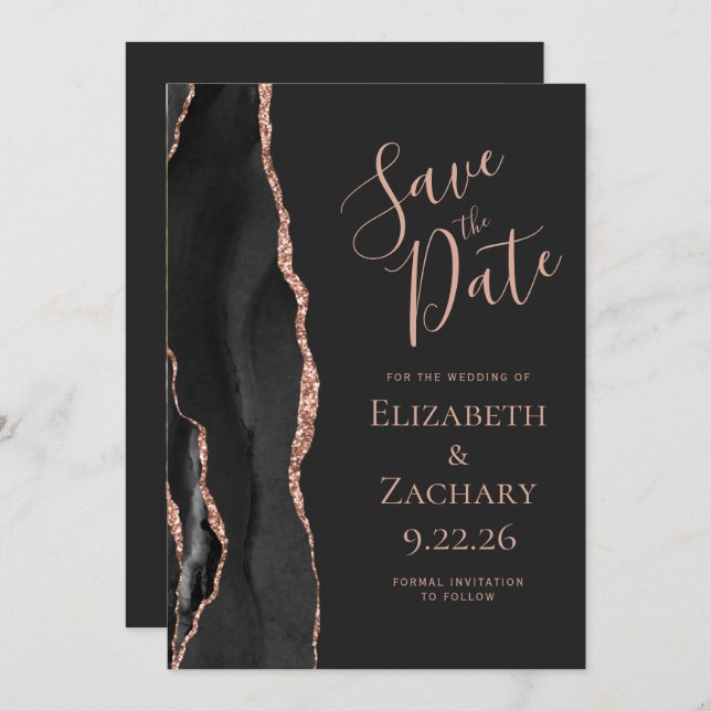 Black Rose Gold Agate Photo Dark Save the Date Invitation (Front/Back)