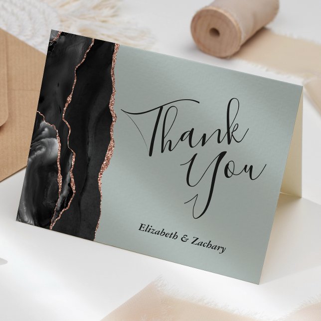Black Rose Gold Agate Sage Green Wedding Thank You Card (Creator Uploaded)