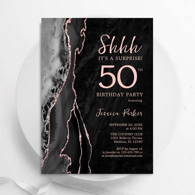 Black Rose Gold Agate Surprise 50th Birthday Invitation (Creator Uploaded)