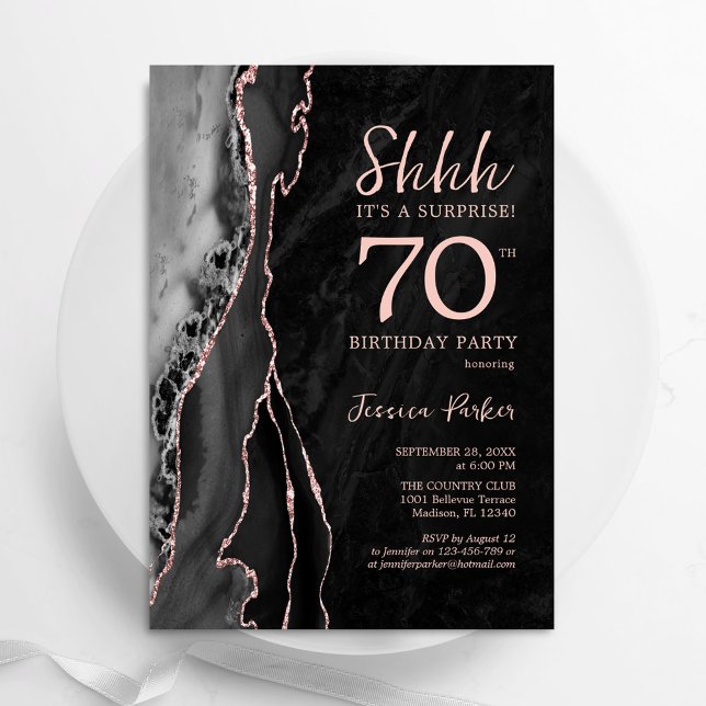 Black Rose Gold Agate Surprise 70th Birthday Invitation (Creator Uploaded)