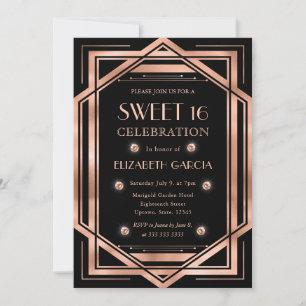 Black & Rose Gold Art Deco Vintage Frame Sweet 16 Invitation