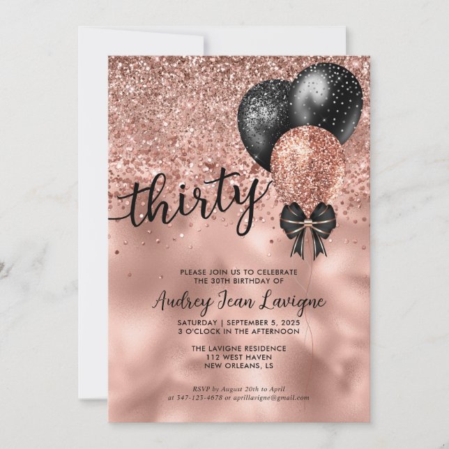 Black Rose Gold Balloon Bow Glitter 30th Birthday Invitation (Front)