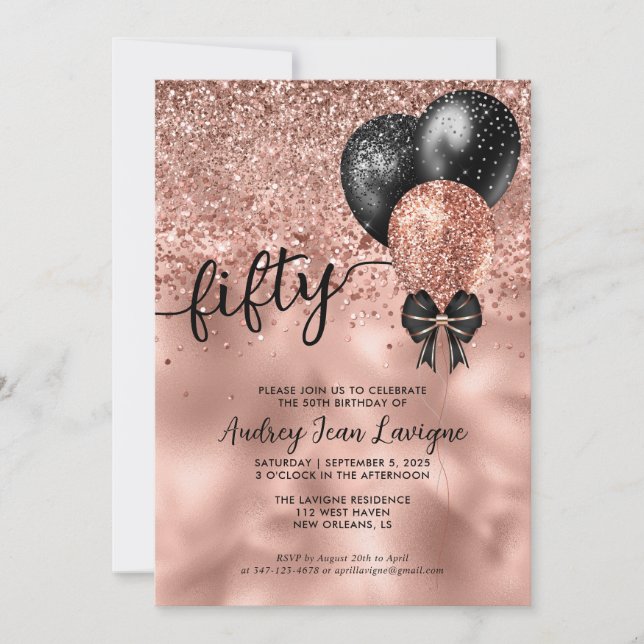 Black Rose Gold Balloon Bow Glitter 50th Birthday Invitation (Front)