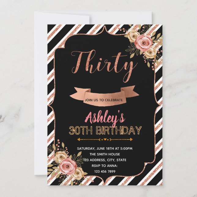 Black rose gold birthday invitation (Front)