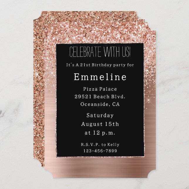 Black Rose Gold Blush Glitter Invitation (Front/Back)