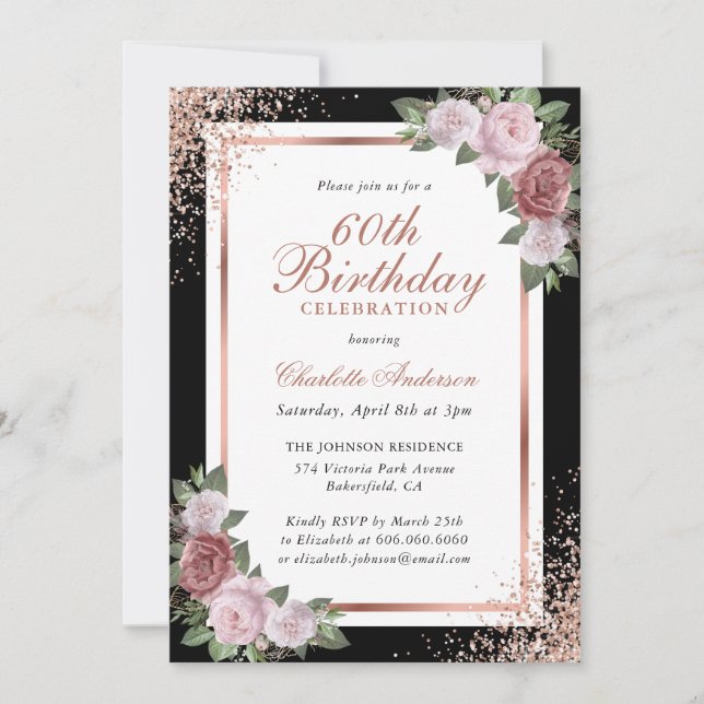 Black Rose Gold Blush Pink Floral 60th Birthday Invitation (Front)