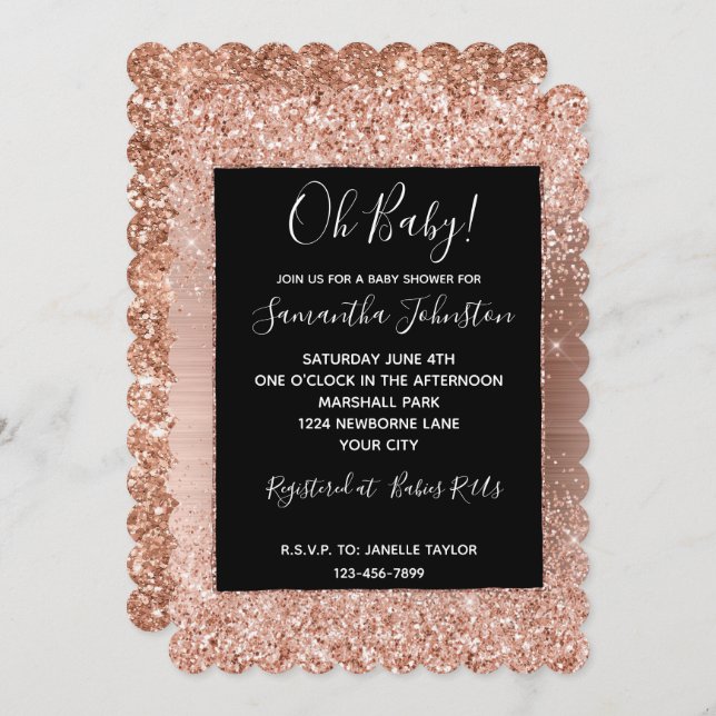Black Rose Gold Blush Pink Glam Glitter Invitation (Front/Back)