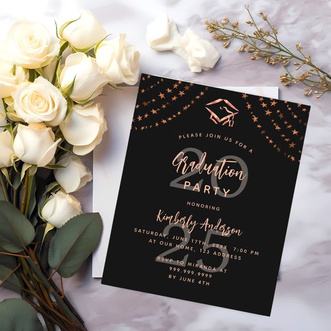 Black rose gold budget graduation party invitation (Creator Uploaded)