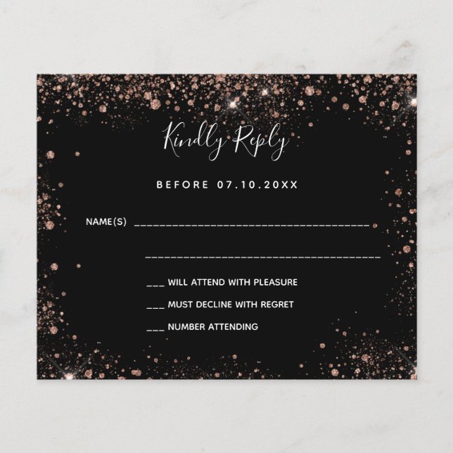 Black rose gold budget wedding RSVP card (Front)